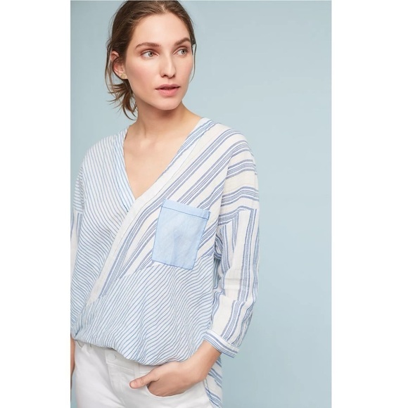 Anthropologie Holding Horses Mimi Pieced Wrap Tunic Blue White Stripe - Picture 1 of 13